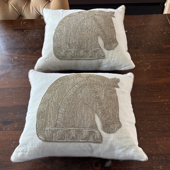 Jonathan Adler Lot (2) Horse Head Glass Beaded Linen Accent Pillows